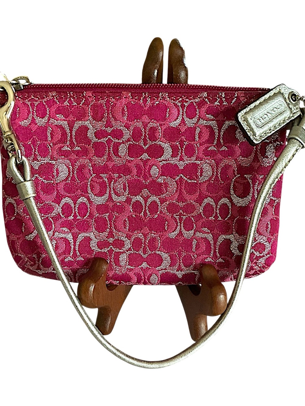 Coach Pink Signature Jacquard Wristlet with Metallic Silver Strap